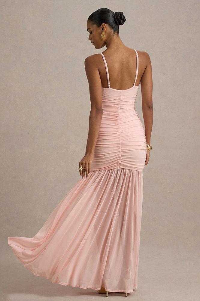 Satin Spaghetti Strap Plunge Ruched Maxi Dress