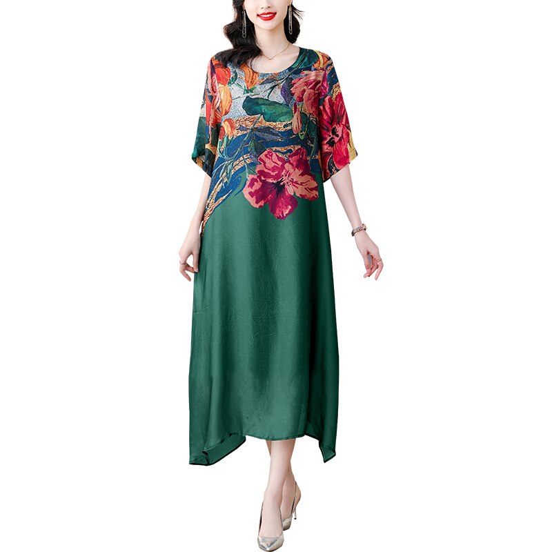 Floral Print Color Block Short Sleeve Loose Midi Dress