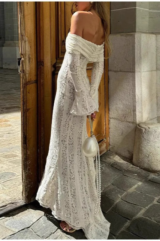 Lace Off Shoulder Tie Front Bell Sleeve Mermaid Maxi Dress 4