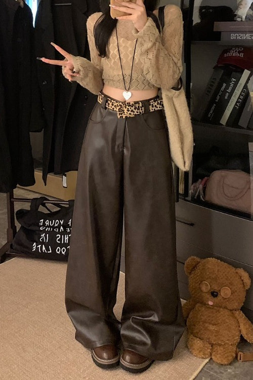 High Waist Faux Leather Baggy Wide Leg Pants 2