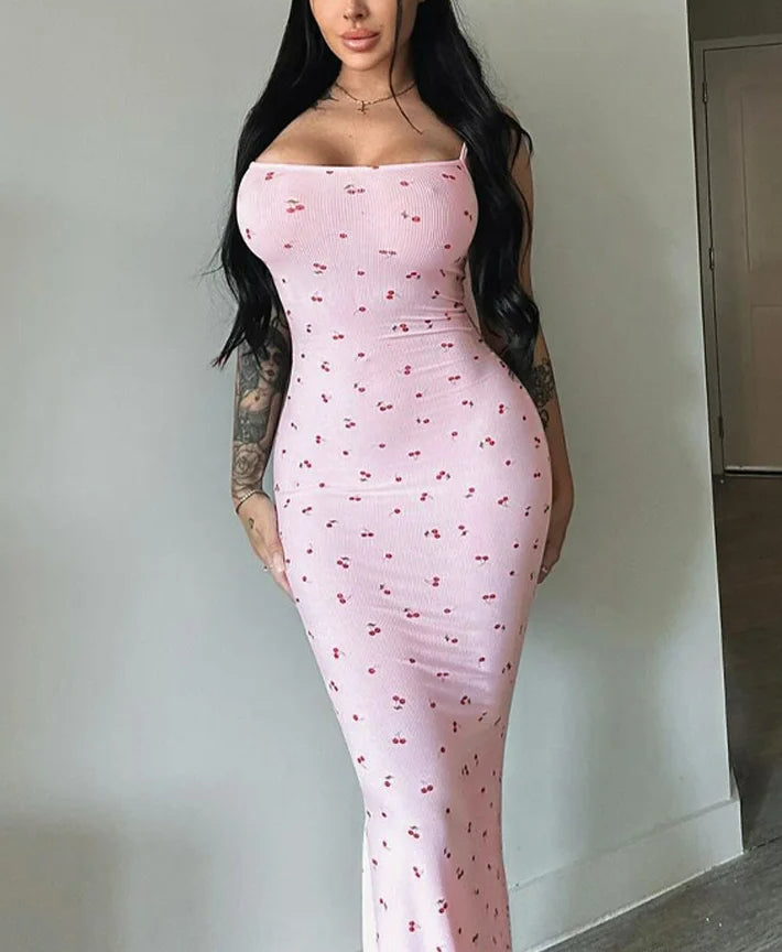 Ribbed Edition Cherry Bodycon Maxi Floral Dress