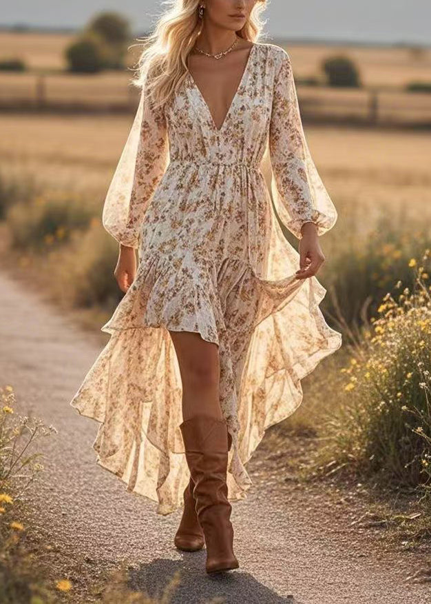 Floral Deep V-Neck Balloon Sleeve High Low Ruffle Tier Midi Dress