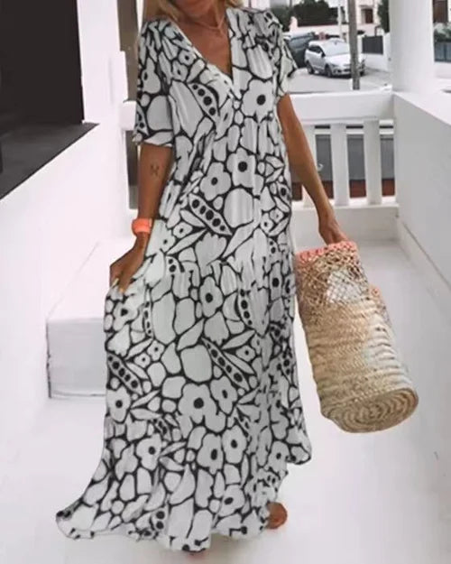 Floral Print V-Neck Short Sleeve Tiered Ruffle Maxi Summer Dress