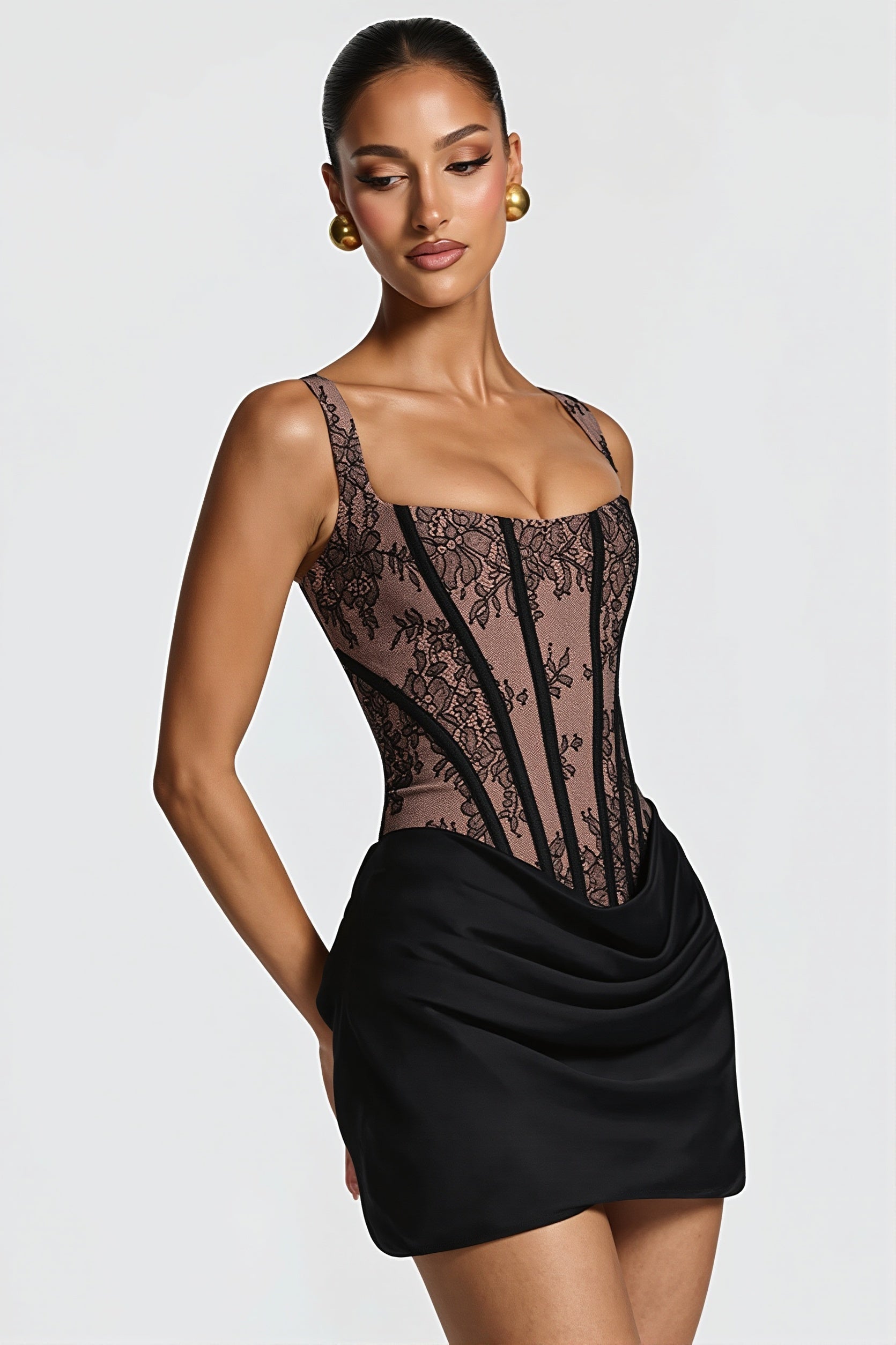 Elegant Lace Fishbone Ruched Mini Dress - View 4
