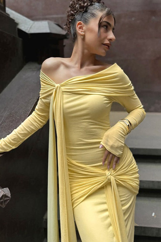 Mesh Off Shoulder Long Sleeve Knot Front Draped Sash Maxi Dress 3