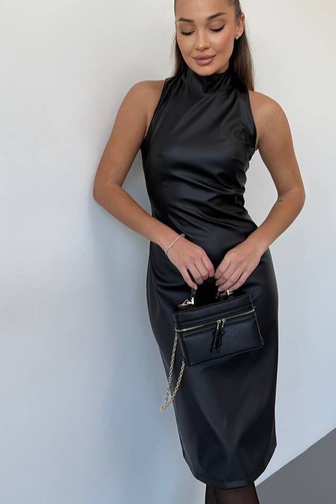 Faux Leather Mock Neck Sleeveless Bodycon Midi Dress