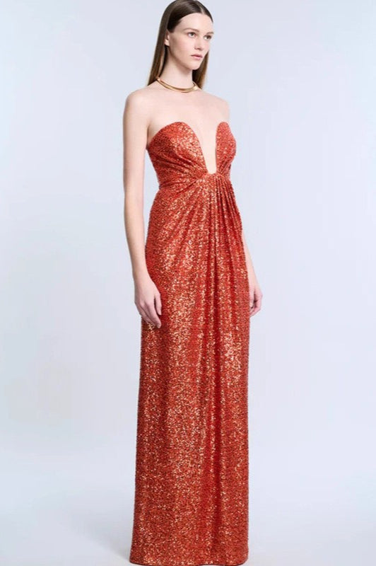 Sequin Strapless Deep V-Neck Ruched Column Gown