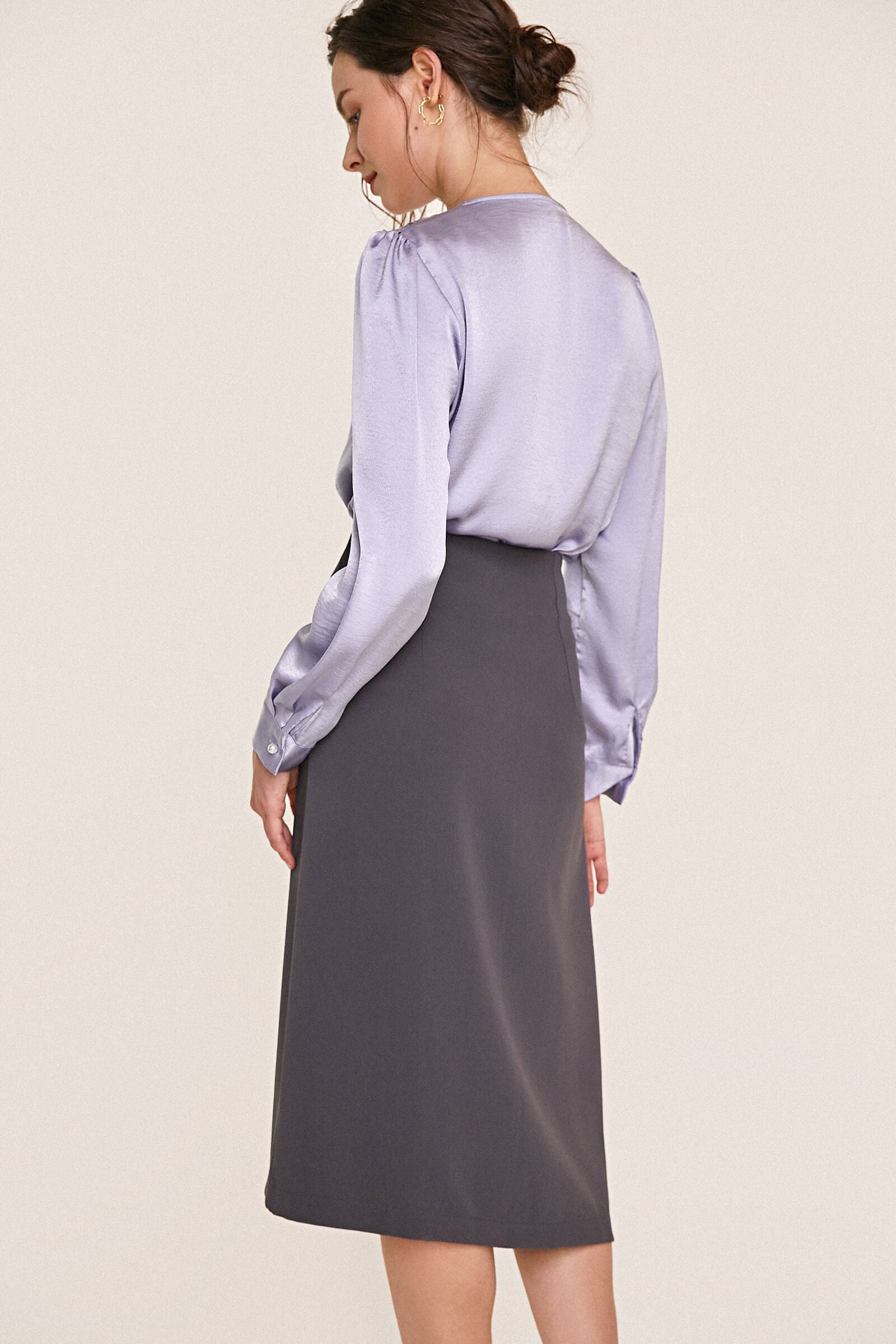 Light Steel Blue V-Neck Long Sleeve Satin Work Blouse