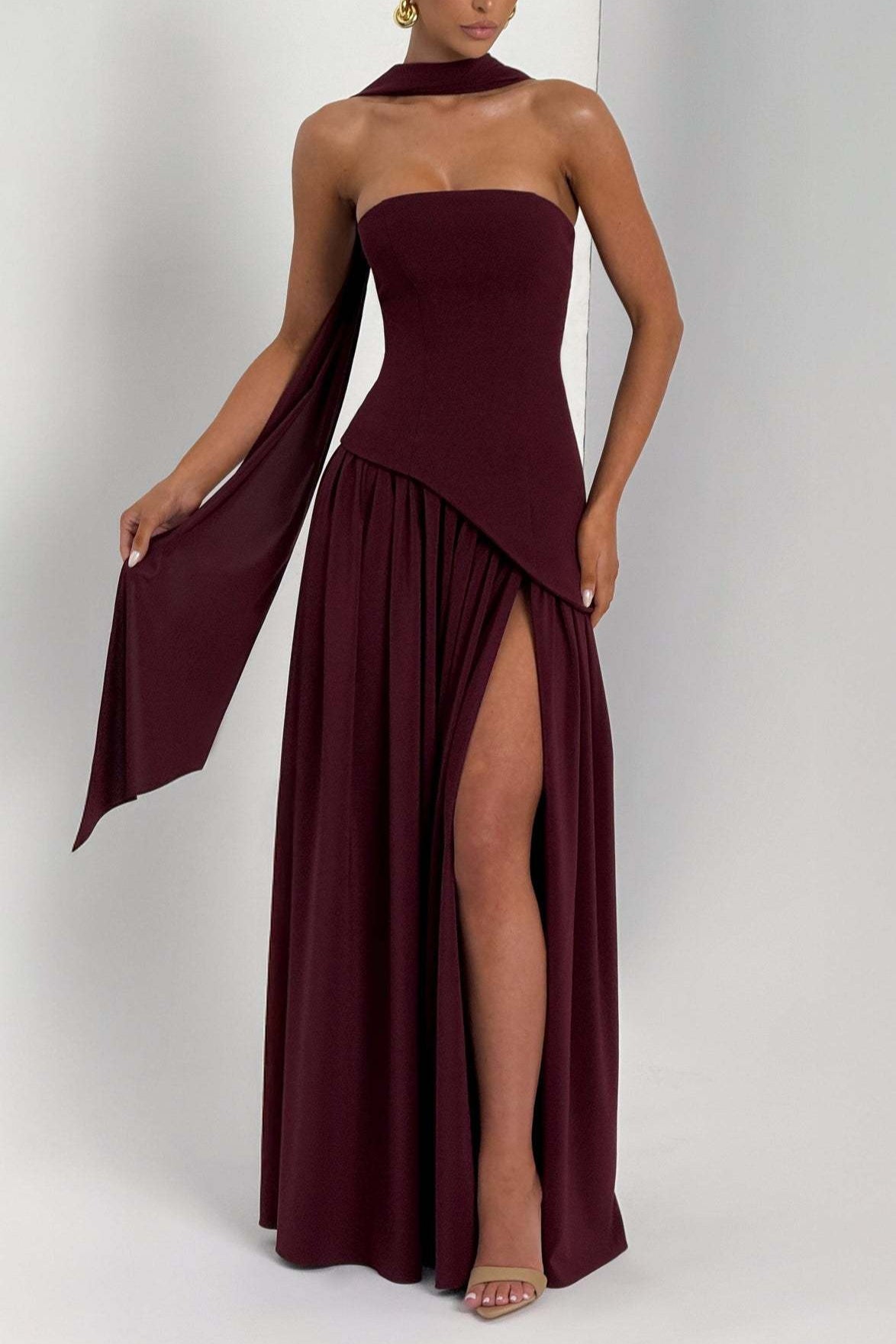 Strapless Scarf Neck High Split Draped Maxi Gown