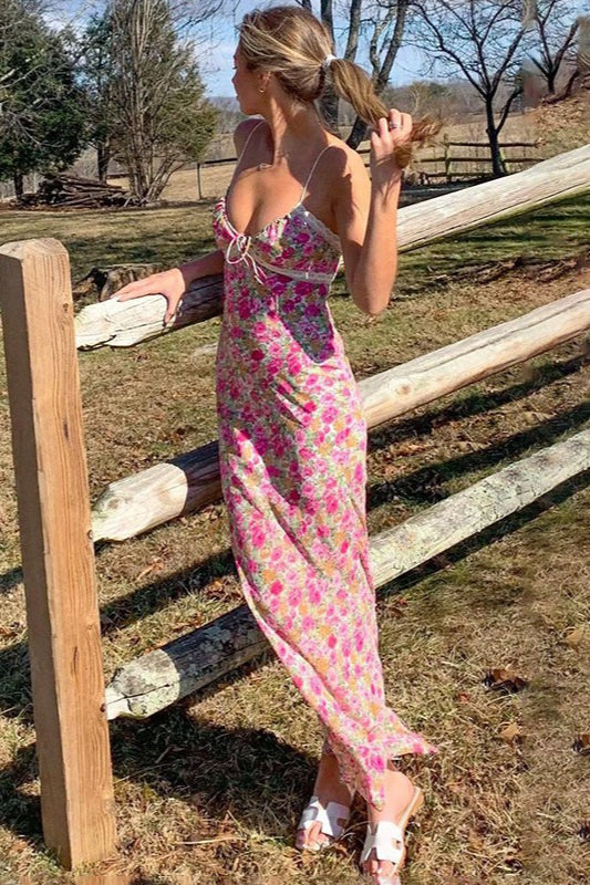 Floral Print Spaghetti Strap V-Neck Lace Trim Bodycon Maxi Dress