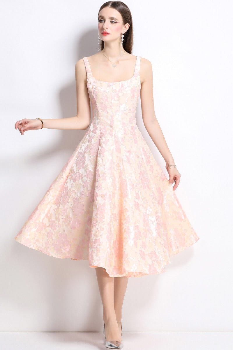 Floral Square Neck Fit and Flare Midi Dress