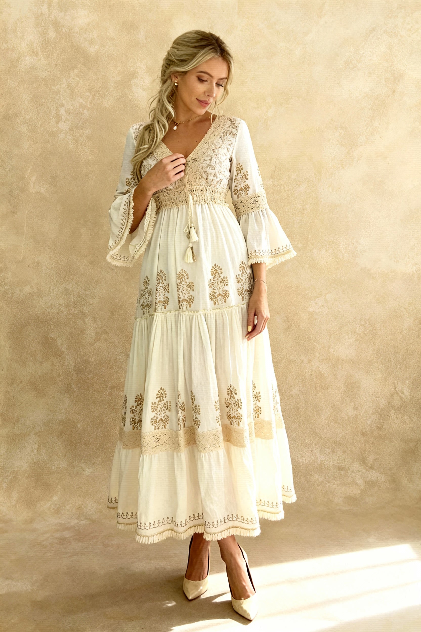 White FlareSleeve Ethnic Boho Dress