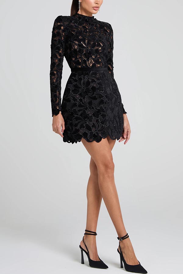 Floral Lace High Neck Long Sleeve Belted Mini Dress