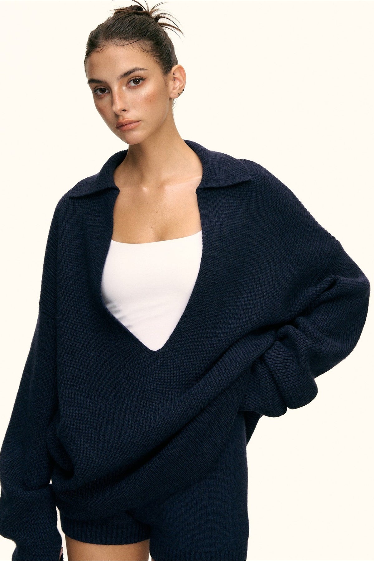Oversized Collared Deep V-Neck Sweater and Knit Shorts Two Piece Set 3