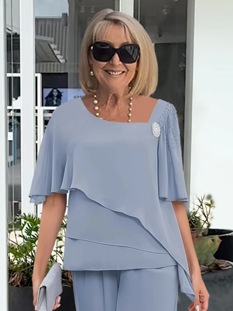Chiffon Layered Overlay Top and Pants Two Piece Set