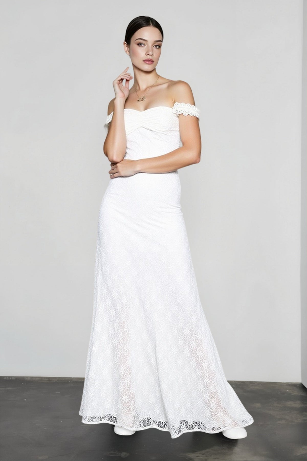 Lace Off Shoulder Sweetheart Twist Front Mermaid Maxi Dress