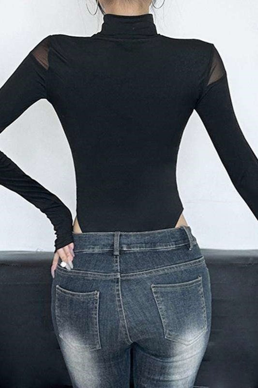Asymmetrical Cutout Mesh Turtleneck Slim Bodysuit