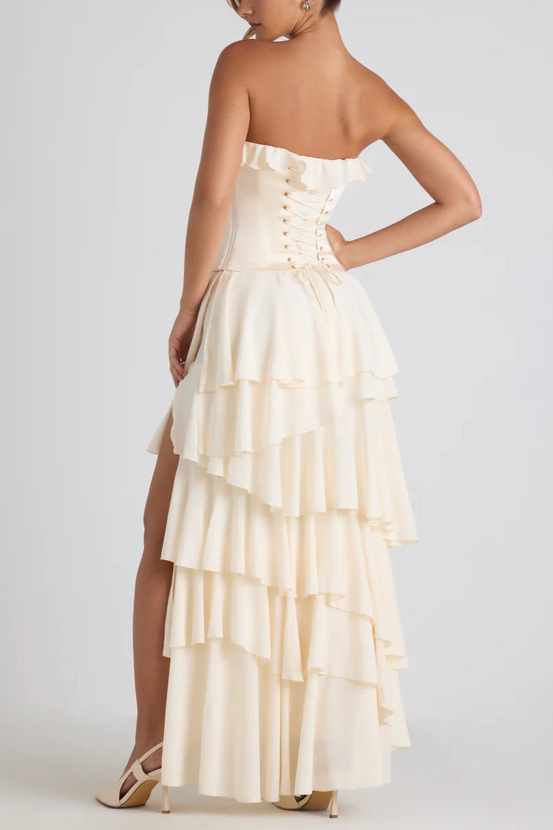 Spliced Ruffled Sling Split Shaped Maxi Boho Dress