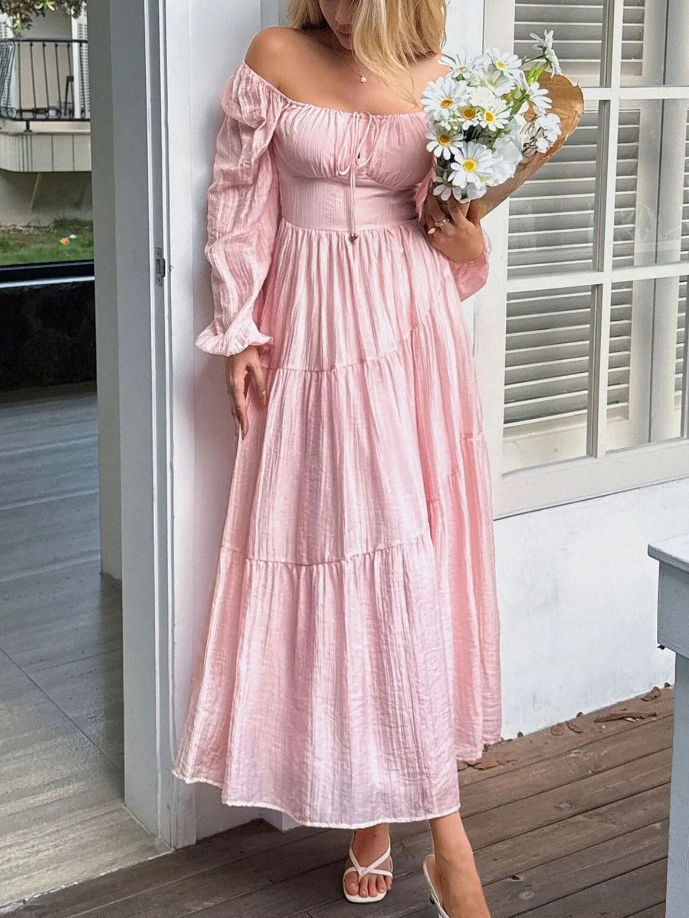 Tiered Balloon Sleeve Midi Dress – Elegant Long Sleeve Boho Dress for Women Pink