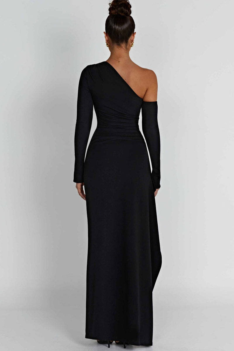 One Shoulder Long Sleeve Ruched High Split Mermaid Gown