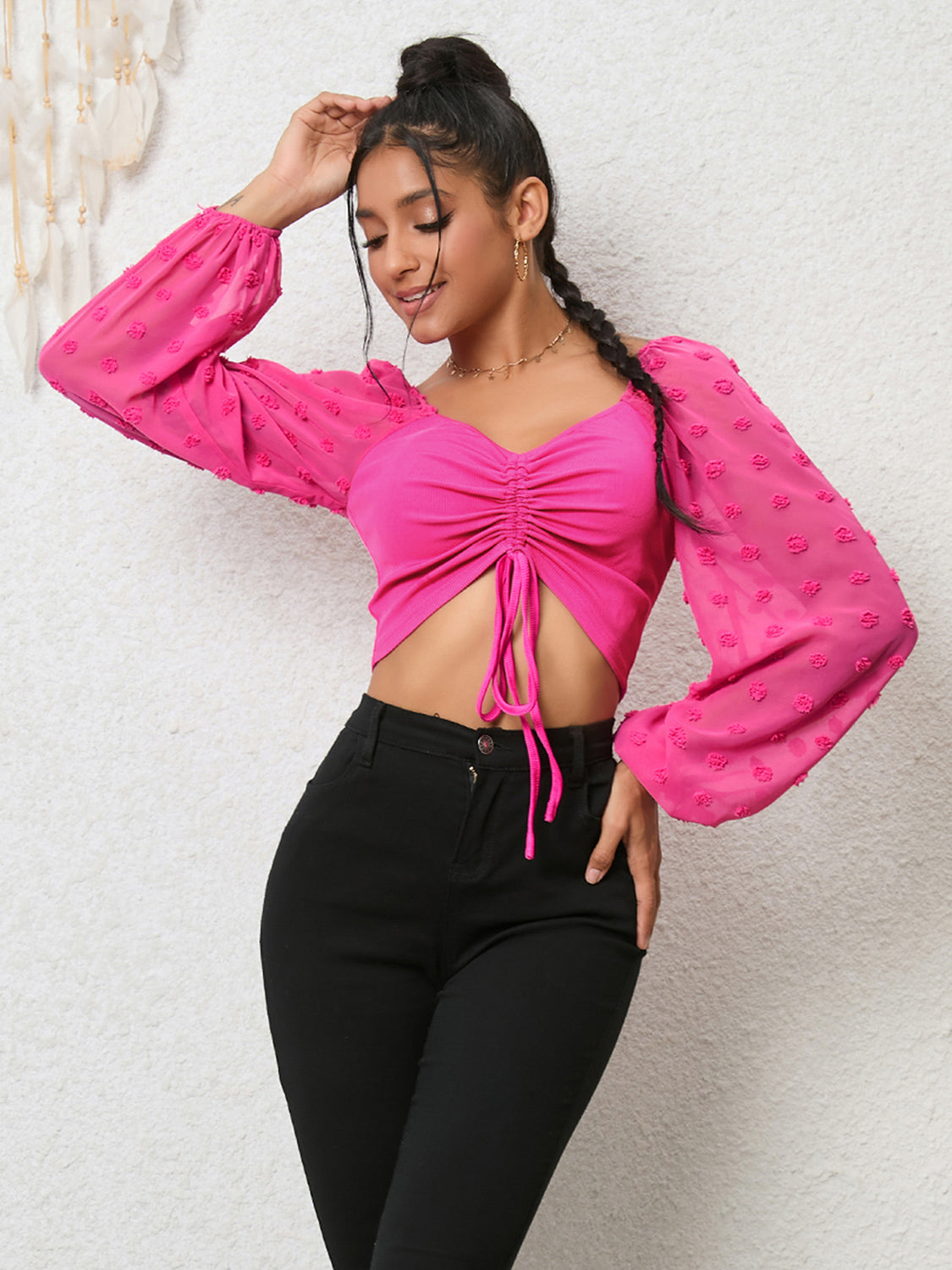 Swiss Dot Sheer Long Sleeve Drawstring Ruched Front Crop Top 3