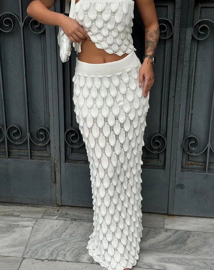 Crochet Solid Ruffle Ruched High Waist Two Piece Skirt Set