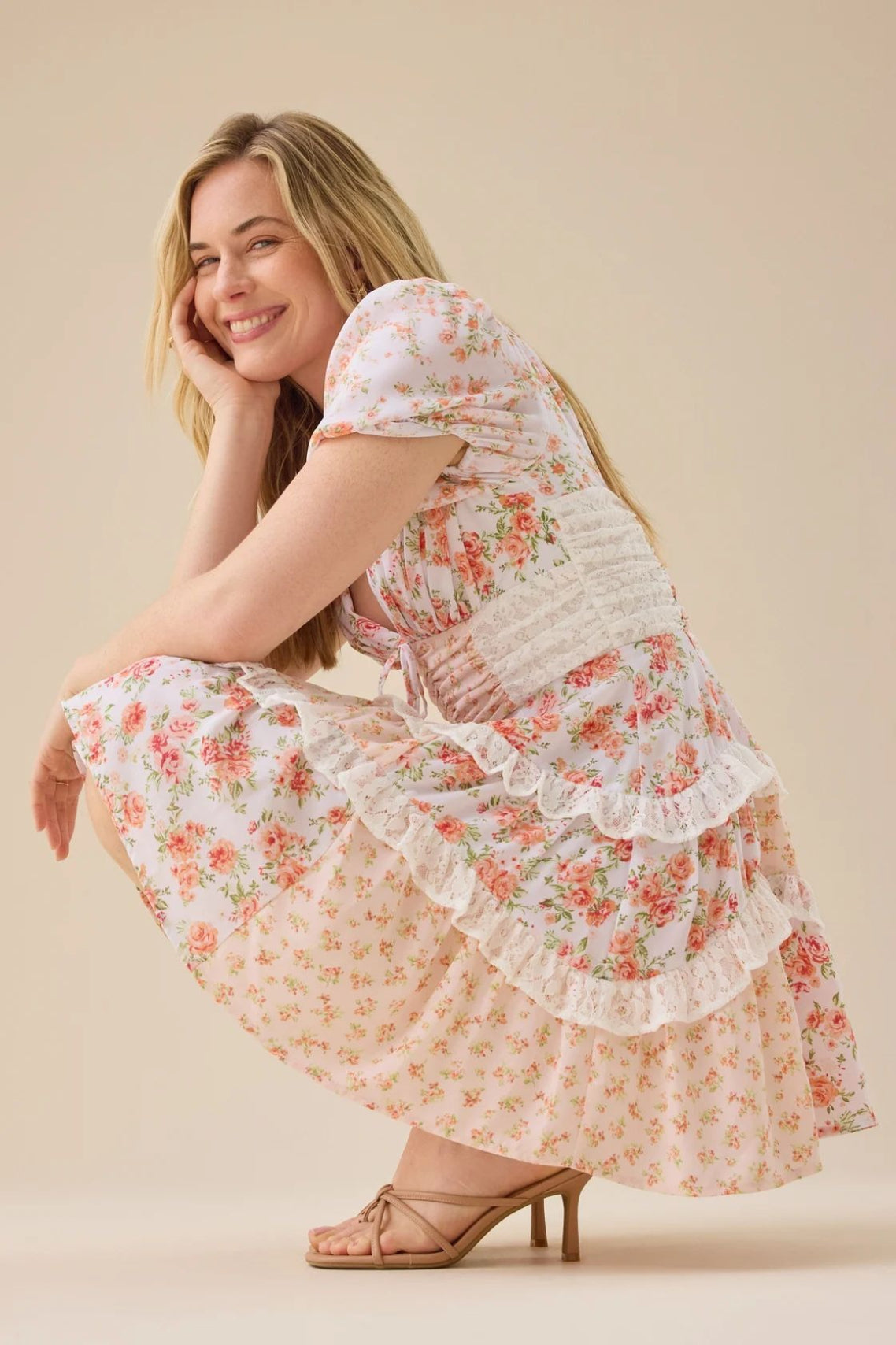 Floral Sweetheart Puff Sleeve Tiered Lace Trim Mini Dress
