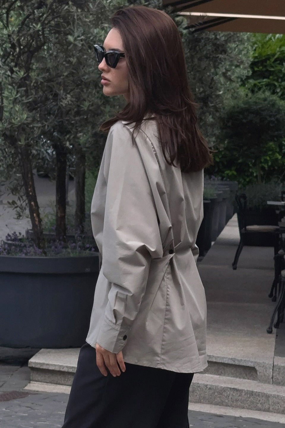 Oversized Collared Batwing Sleeve Cinched Waist Button Front Shirt 4