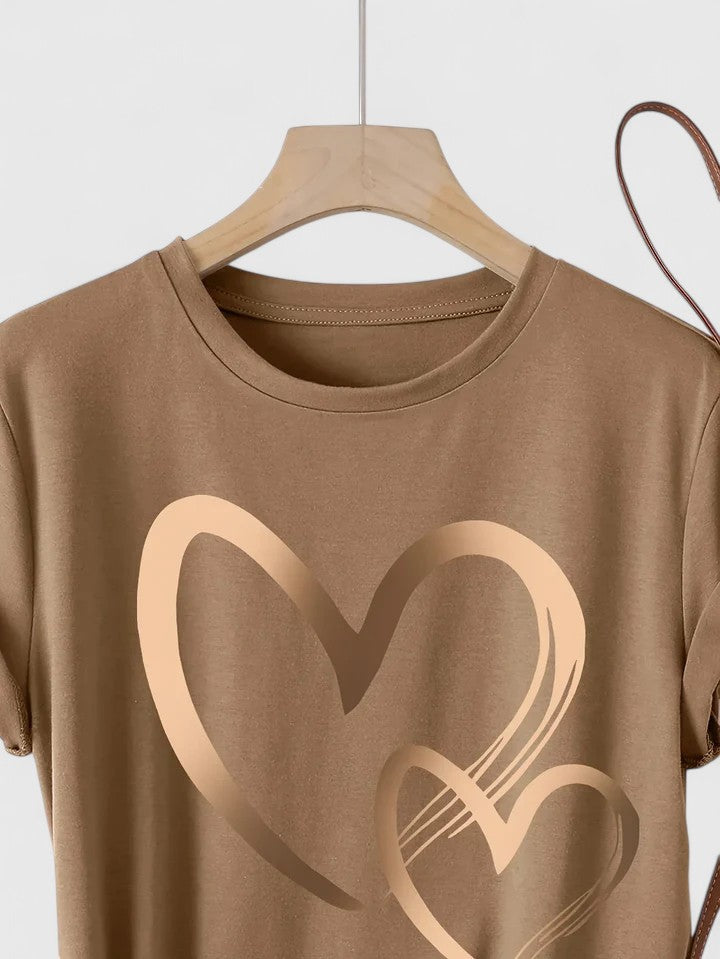 Heart Print Crew Neck Short Sleeve T-Shirt