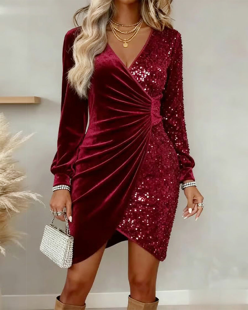Velvet Sequin V-Neck Long Sleeve Ruched Bodycon Mini Dress 3