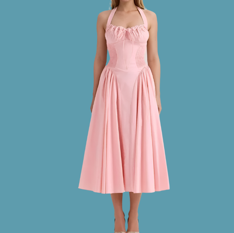 Halter Neck Corset Fit and Flare A-Line Midi Dress