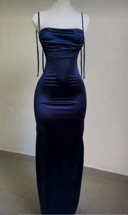 Spaghetti Straps Sheath Prom Dress Navy Blue Backless Party Evening Dress cc1466