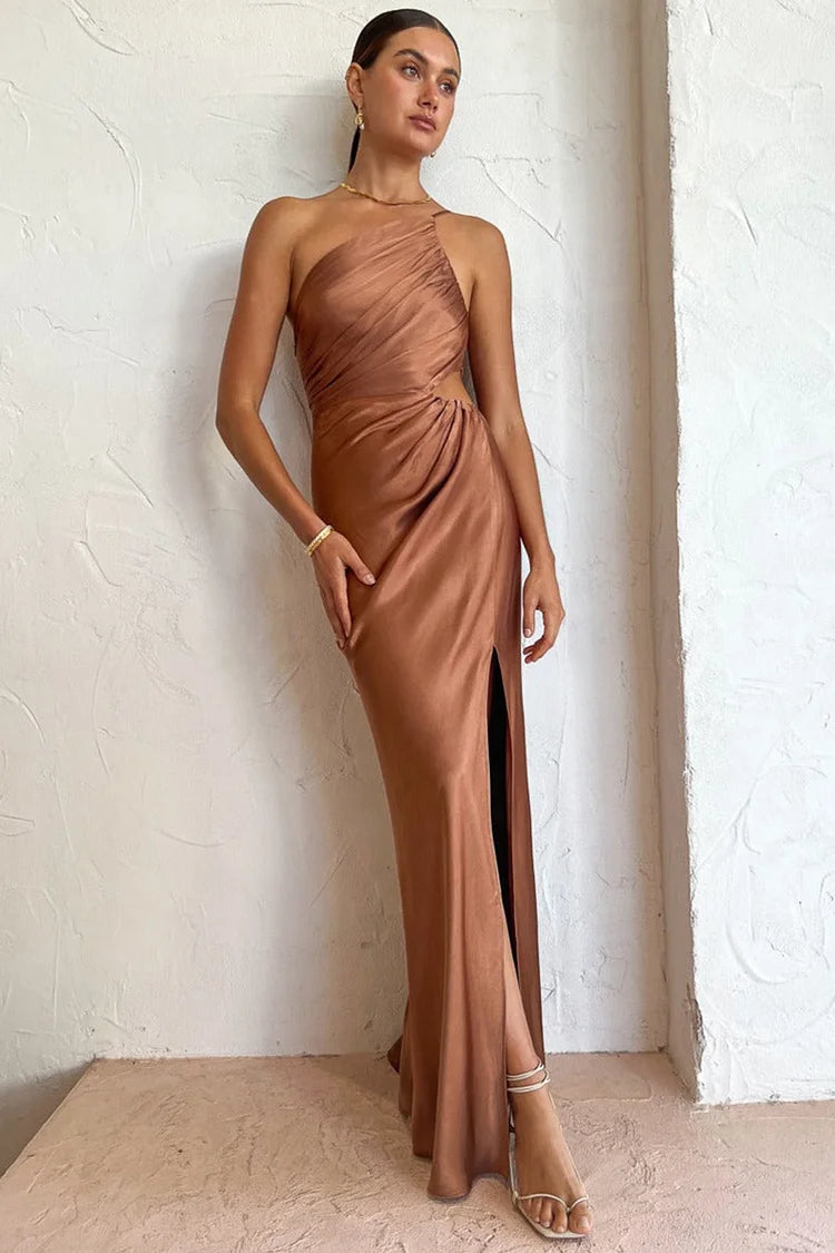 One Shoulder Ruched High Split Cami Maxi Dress - View 2