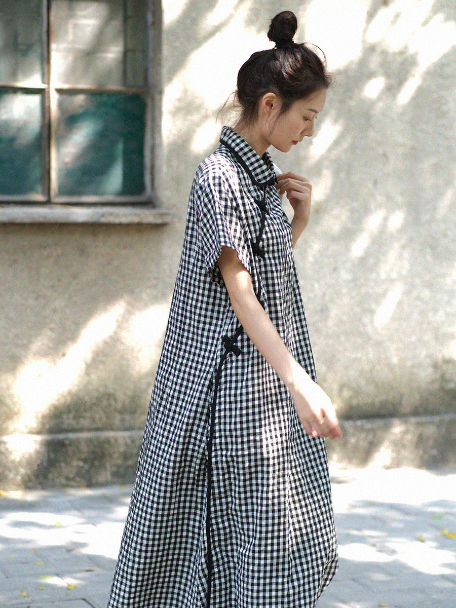 Gingham Check Mandarin Collar Frog Button Short Sleeve Side Slit Maxi Dress