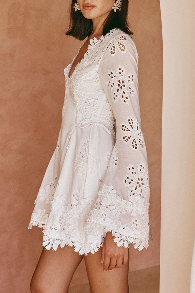 Fitted Lace Trim Tie Long Sleeve Mini Dress - View 3