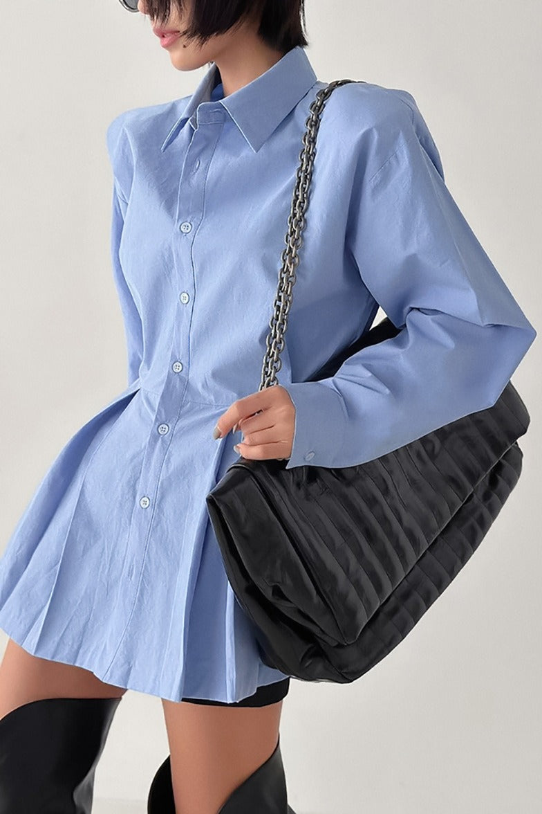 Collared Long Sleeve Padded Shoulder Pleated Mini Shirt Dress 2