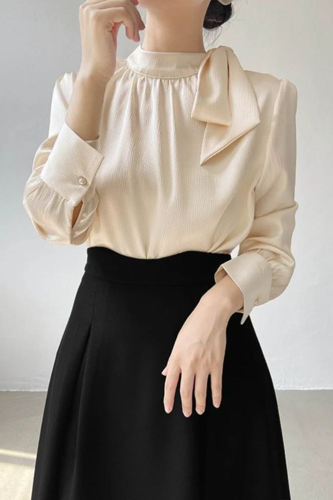 Bow Tie Front Soft Workwear Slim Long Sleeve Blouse