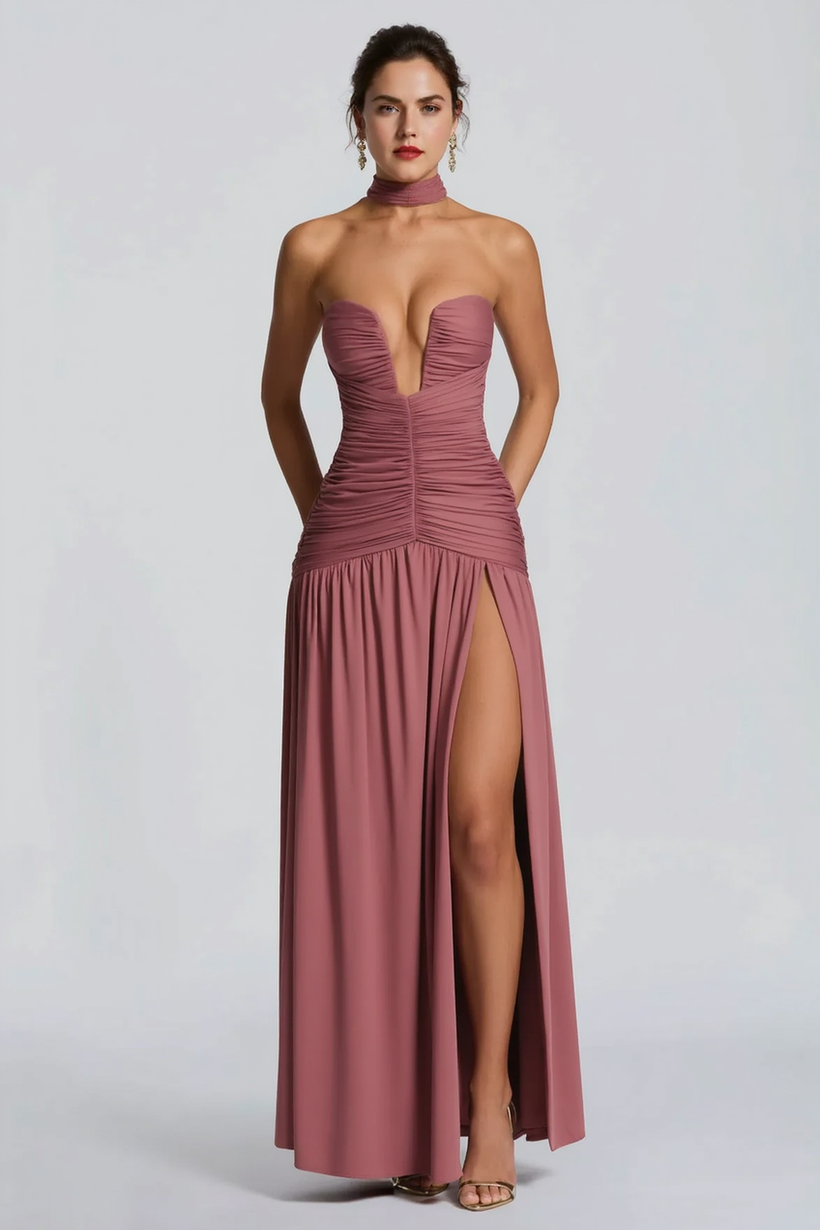 Solid Strapless High Slit Ruched Bodycon Party Dress
