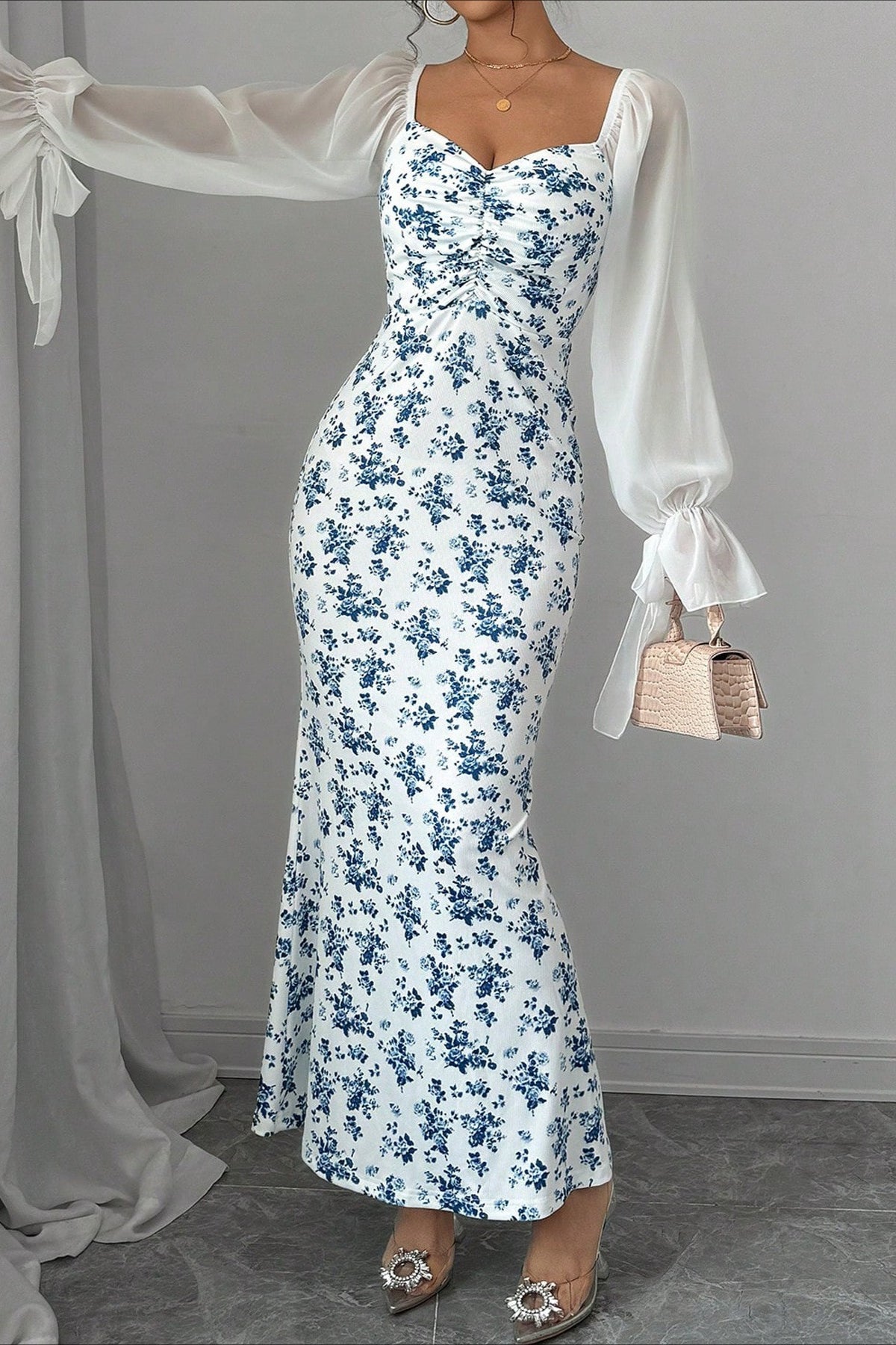 Floral Sweetheart Long Sleeve Ruched Mermaid Maxi Dress