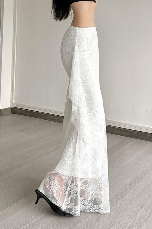 Lace Overlay Low Rise Side Ruffle Mermaid Maxi Skirt 3