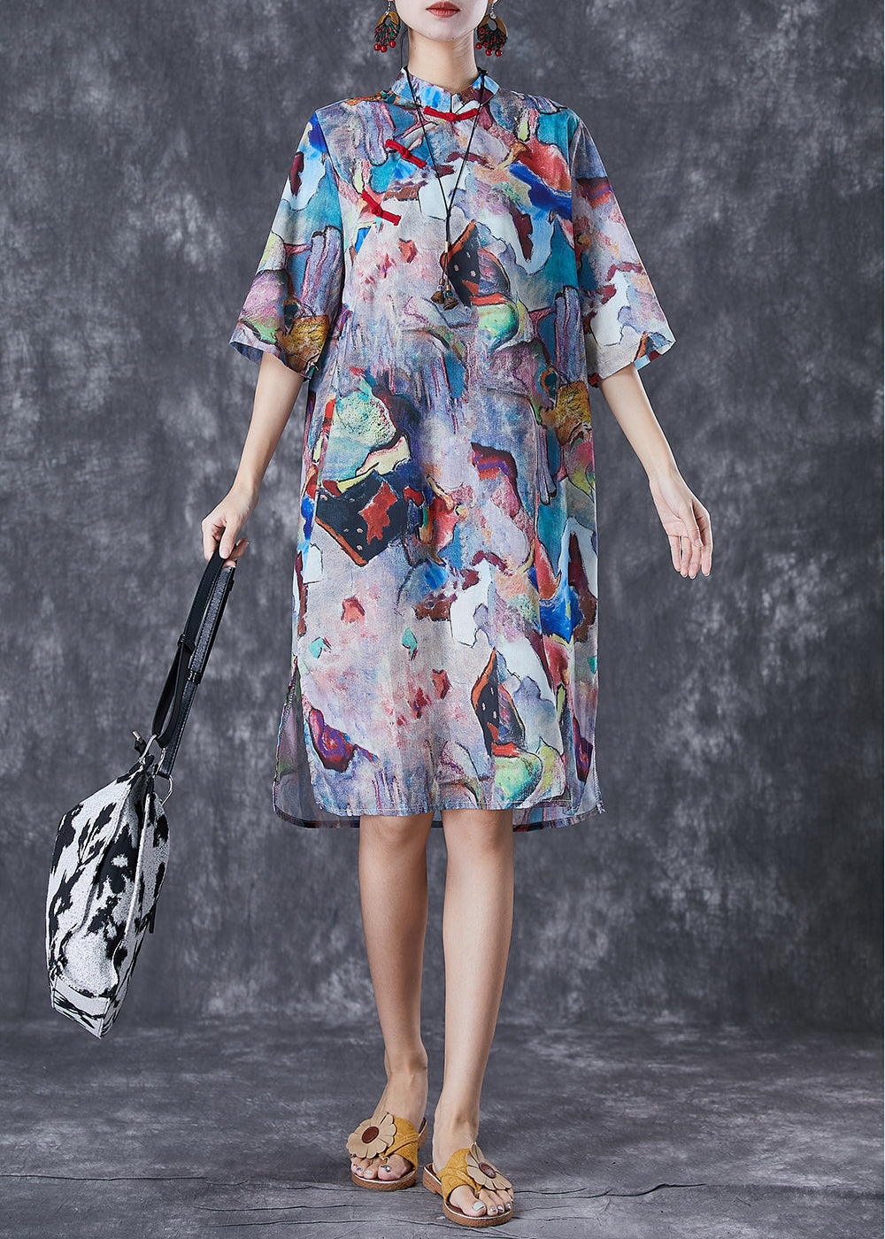 Abstract Print Mandarin Collar Frog Button Short Sleeve Side Slit Shift Dress