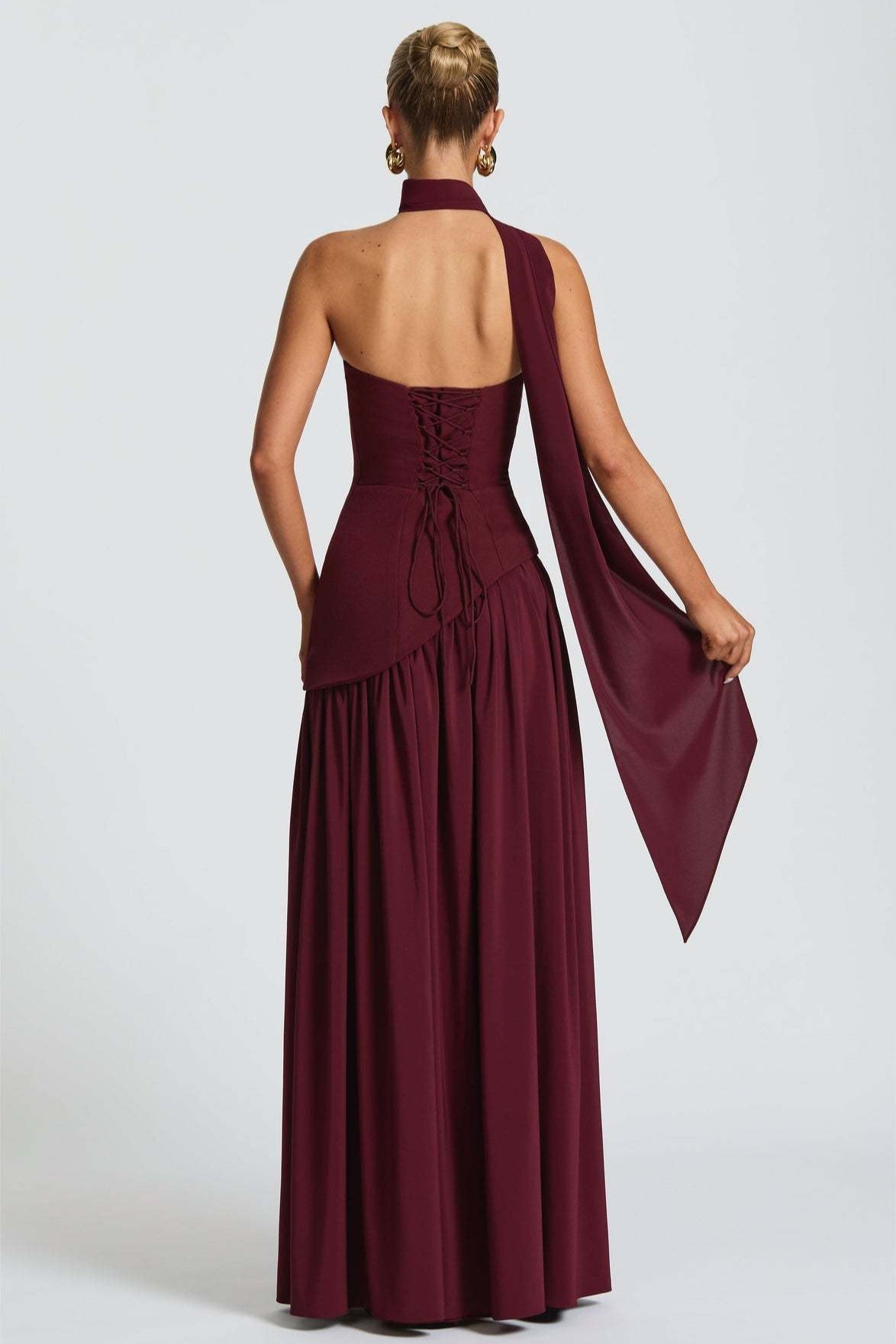 Strapless Scarf Neck High Split Draped Maxi Gown