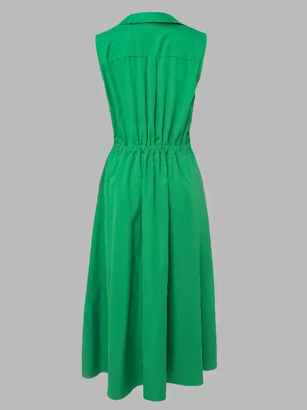 Stand Collar Deep V-Neck Sleeveless Pocket A-Line Midi Dress