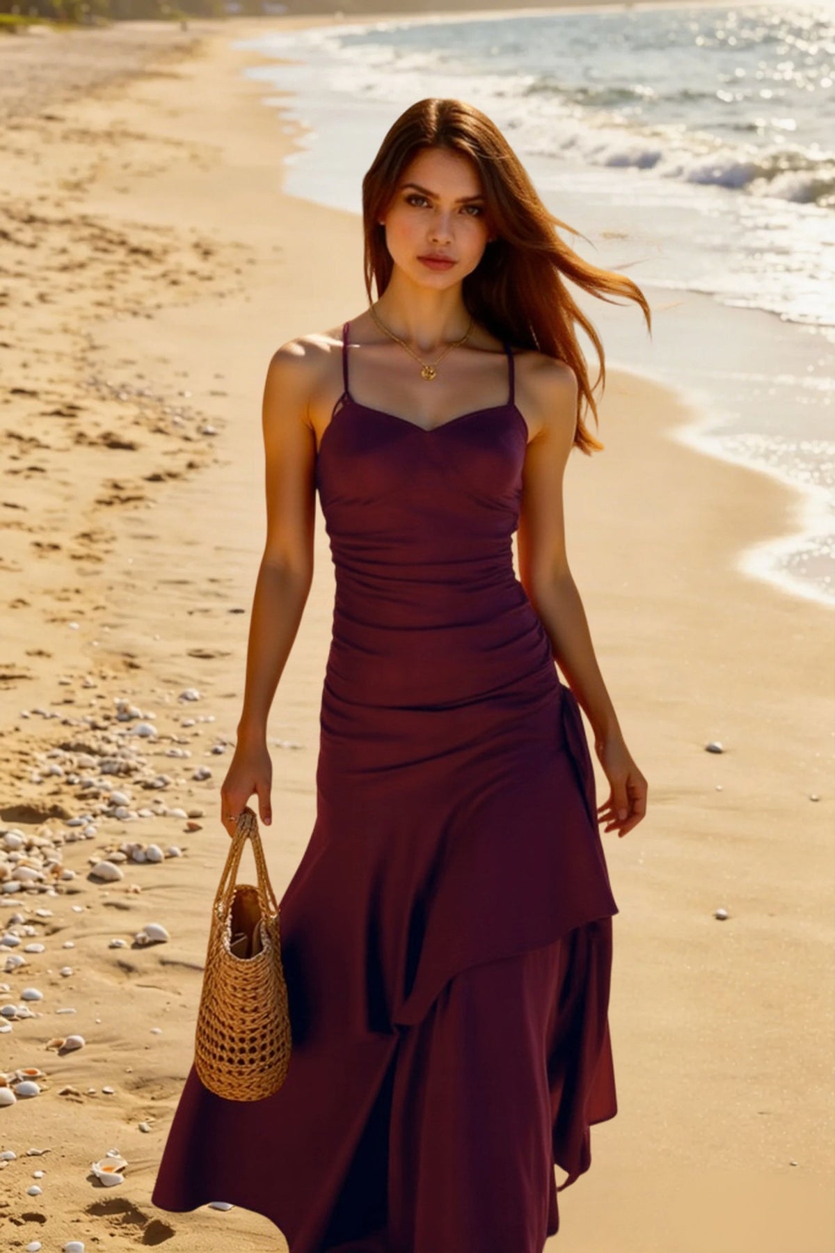 Satin Spaghetti Strap Ruched Tiered Ruffle Mermaid Maxi Dress 6