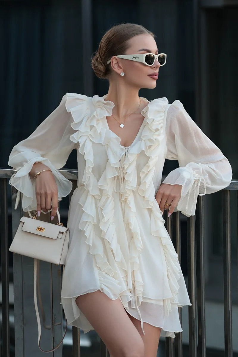 Chiffon V-Neck Long Sleeve Ruffle Front Tie Mini Dress