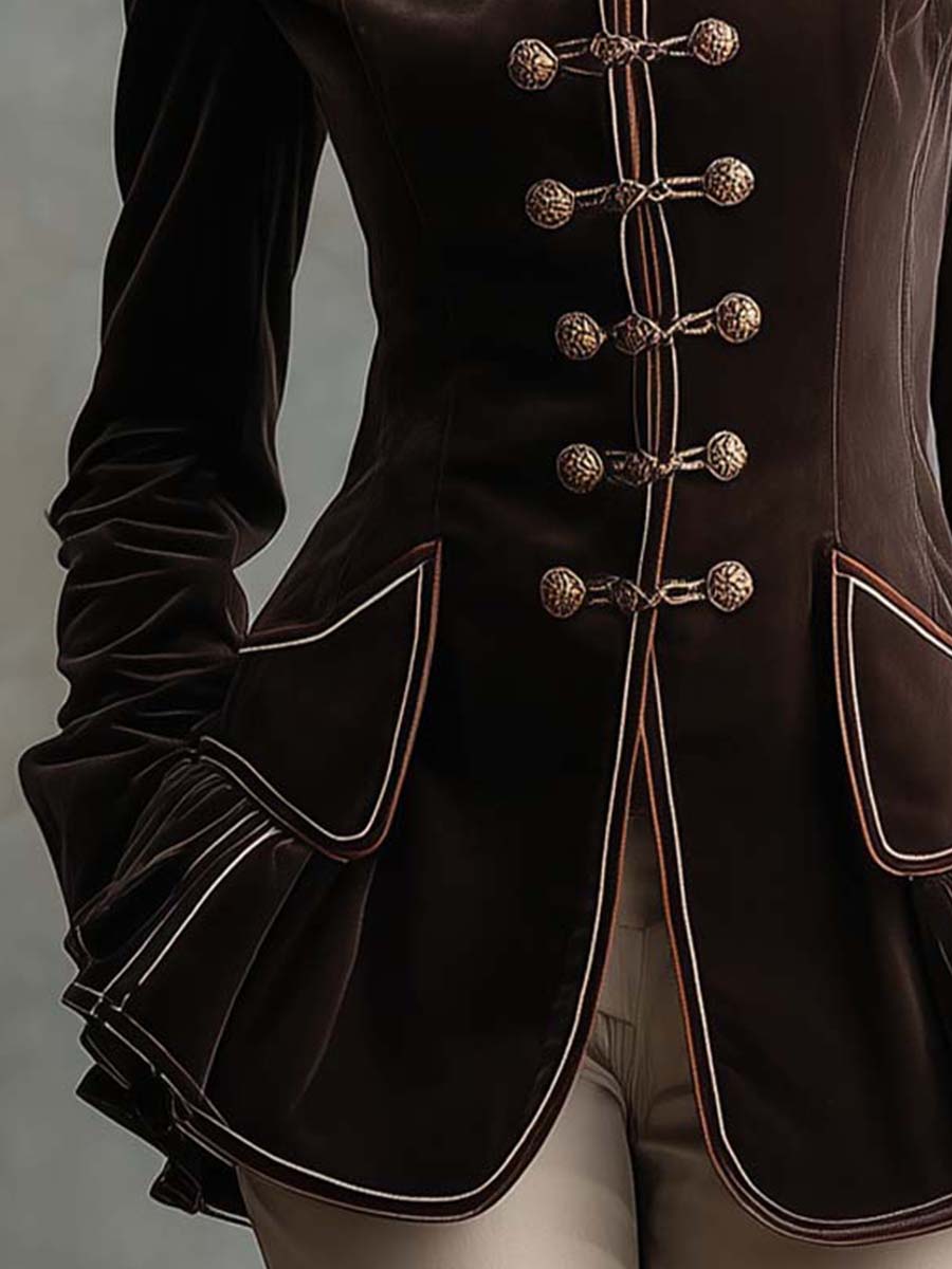 High-Neck Velvet Military Blazer With Gold Cord Buttons – Mocha Brown