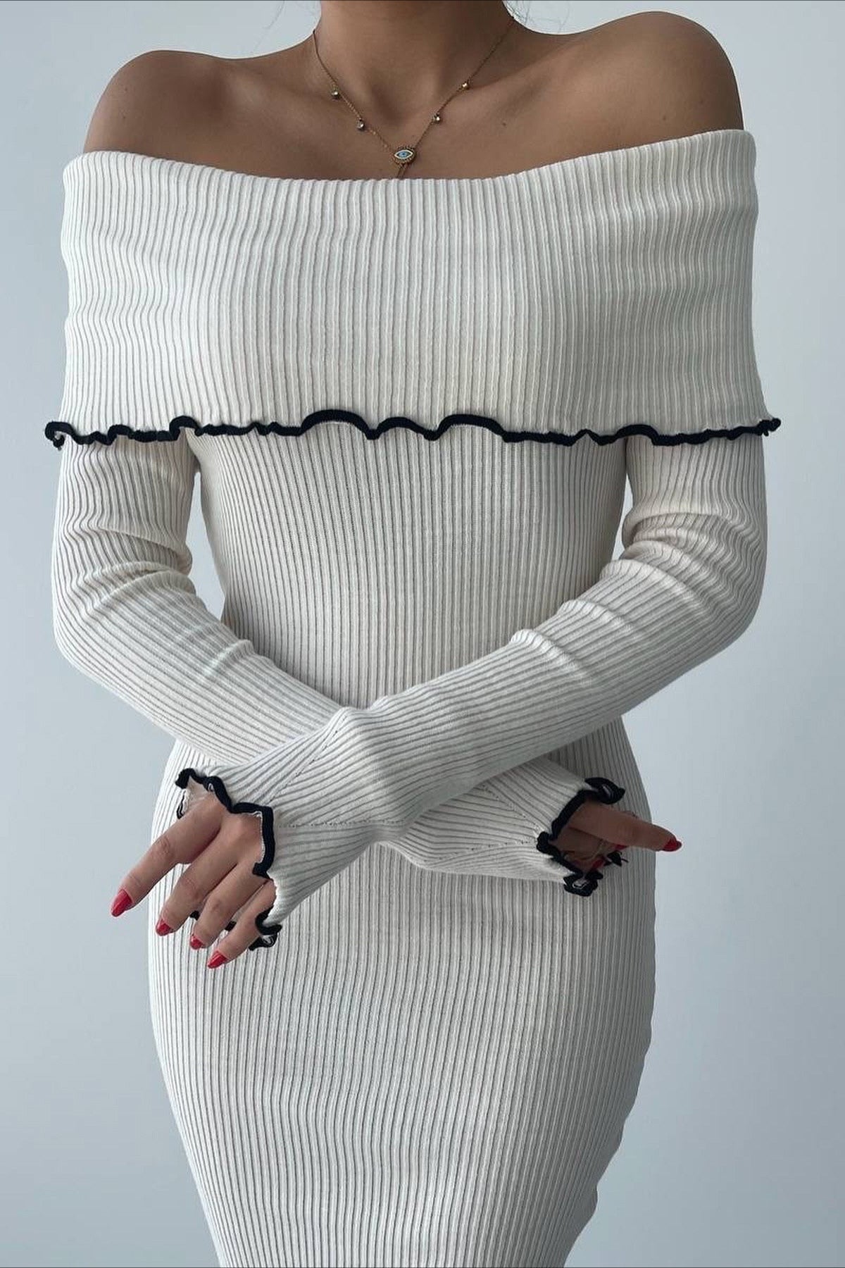 Ribbed Off Shoulder Color Block Knit Sweater Dress