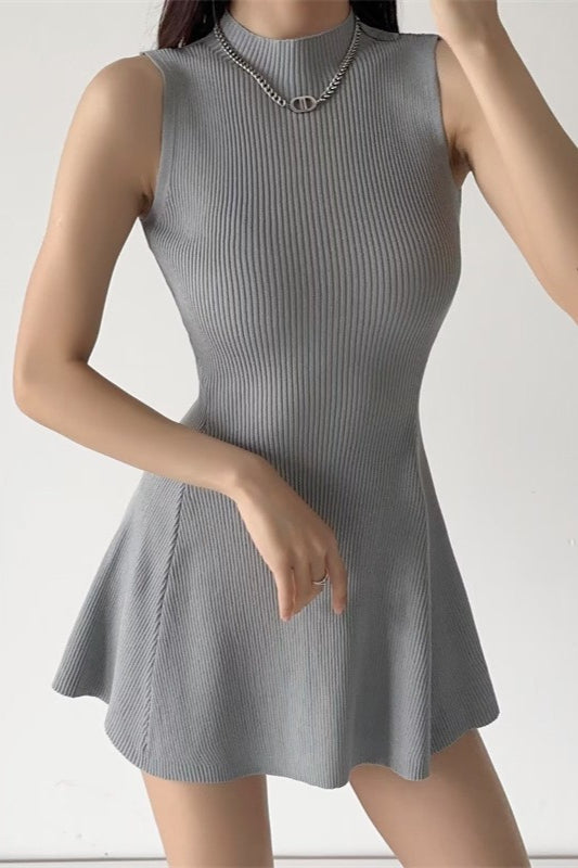 Sleeveless Solid Ribbed Fitted ALine Sweater Dress