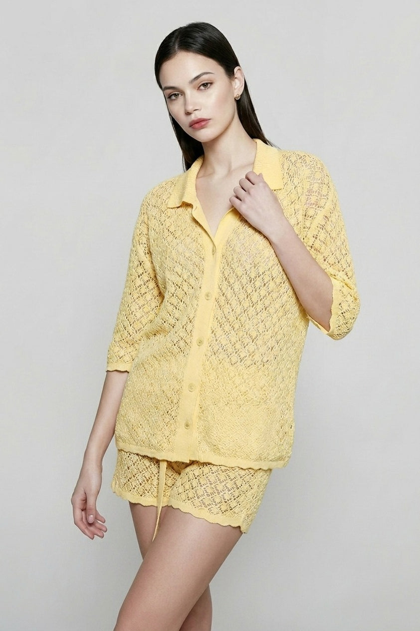 Open Knit Collared Button Front Shirt and Scalloped Shorts Two Piece Set 2