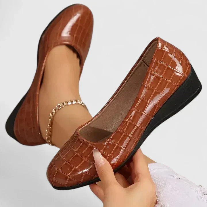 Croc Print Square Toe Slip On Wedge Pumps